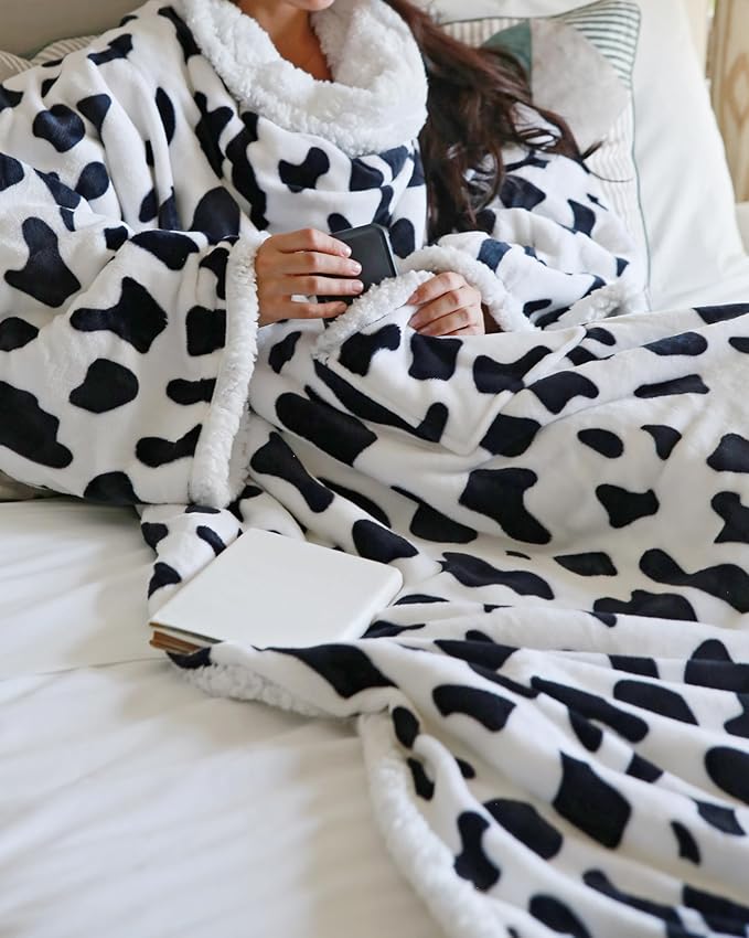 Catalonia Cow Print Sherpa Wearable Blanket with Sleeves & Foot Pockets for Adult Women Men, Comfy Snuggly Wrap Sleeved Throw Blanket Robe, Gift Idea