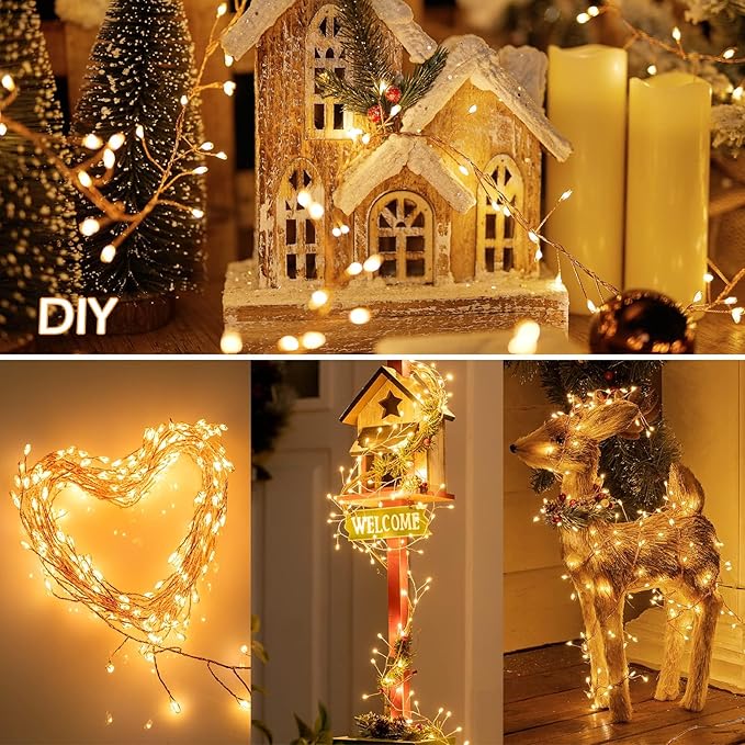2Pack Firecracker Fairy Lights Plug in, 10Ft 200 LEDs Cluster String Lights, 8 Mode Lighting Copper Wire Lights for Bedroom Wreath Fireplace Wedding Indoor Christmas Tree Decorations, Warm White