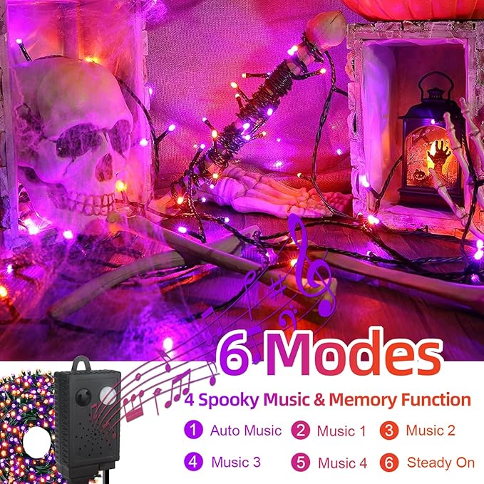 Motion Sensor Spooky Music Halloween Decorations Lights for Indoor/Outdoor, 108FT 300LED String Lights, Orange & Purple 2 Colors in 1 Waterproof Decor for Tree Party