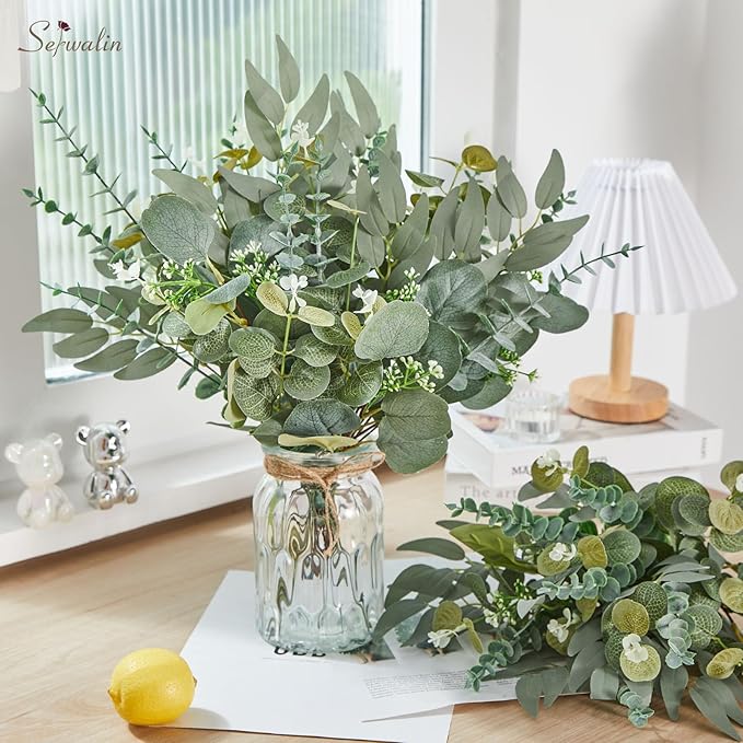 Serwalin 100pcs Artificial Mixed Eucalyptus Stems Leaveas Bulk, 4Kinds Fake Grennery Silver Dollar Eucalyptus Leaves Picks,Faux Greenry Stems Sprays for DIY Bouquets Floral Arrangement Home Decor