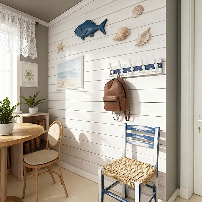 SKOLOO Coastal Wall Mounted Coat Rack - 17" Beach House Entryway Wooden Coat Hook with 5 Hooks for Hanging Coats, Hats or Towels, Oceanfront Cottage Core Collection, White & Blue