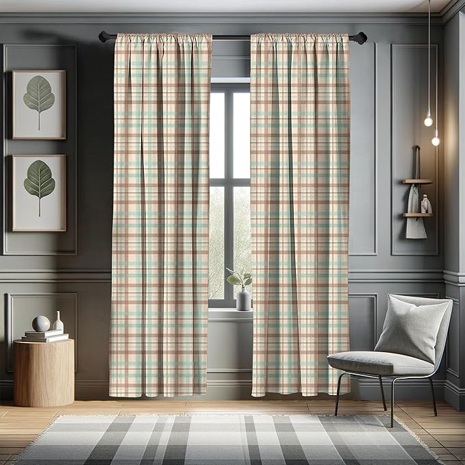 Ambesonne Plaid Curtains, Scottish Country Style Tartan with Abstract Design Diagonal Striped Lines, Window Treatments 2 Panel Set for Living Room Bedroom, Pair of - 28" x 95", Mint Green