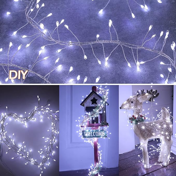 Fairy Lights Plug in, 10Ft 200LED Firecracker Firefly Lights with 8 Mode, Waterproof Silver Wire Cluster Starry String Lights for Ceiling Bedroom Window Wedding Christmas Tree Decoration, Pure White