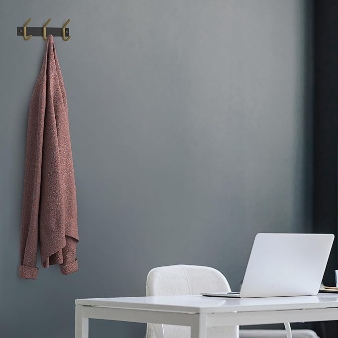 Small Coat Rack Wall Mount – Black and Gold Hook Rail with 3 Double Coat Hooks, 9 Inch Stainless Steel Wall Hooks for Entryway, Bathroom, Bedroom, Closet, Towel, Hat, Bag, Heavy Duty Organizer