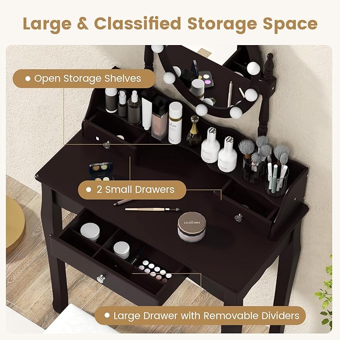 CHARMAID Girls Makeup Vanity Desk with Lights, Vanity Table with Lighted Mirror, 3 Lighting Modes, Adjustable Brightness, Modern Makeup Table with 3 Drawers and Stool for Small Space (Espresso)