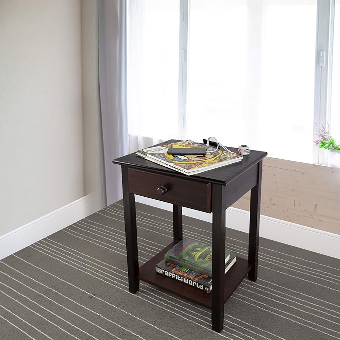 Casual Home Owl Night Stand with USB Port Charging Station and Drawer, 17.5"W x 14.25"D x 24.5"H, Espresso