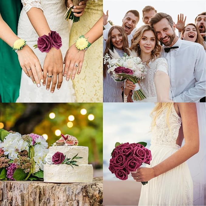 JOYLEX Artificial Flowers Realistic Roses, Real Looking Fake Roses with Stem for DIY Wedding Bouquets Centerpieces Bridal Shower Party Home Romantic Decorations (Wine Red, 100pcs)