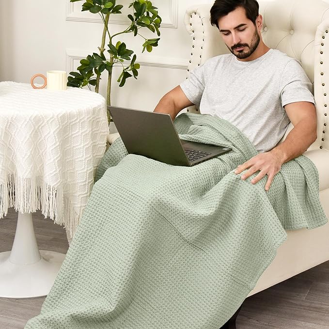 PHF Pre-Washed Cotton Waffle Weave Blanket Throw Size for Couch Bed,Snag Proof Spring Summer,Lightweight Breathable,Oeko-TEX Certified,Machine Washable, Home Decor Gift，Sage Green
