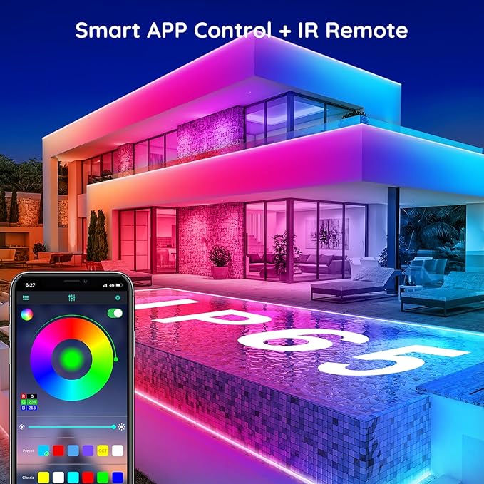 FBZ 60Ft Outdoor Waterproof LED Strip Lights,Music Sync RGB IP65 Led Lights with App Control and Remote,Color Changing Waterproof Led Rope Lights for Outdoor,Balcony,Roof,Garden,Stairs Party (60FT)