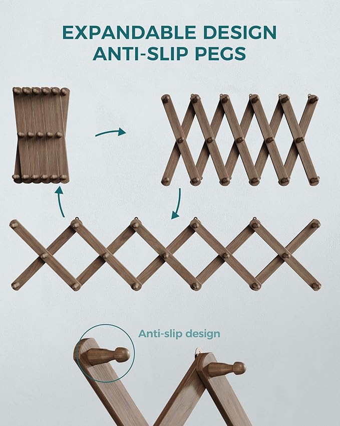 OROPY Wood Accordion Wall Hanger, Expandable Coat Rack Wall Mount with 17 Pegs, Expanding Hat Rack for Wall Walnut Color