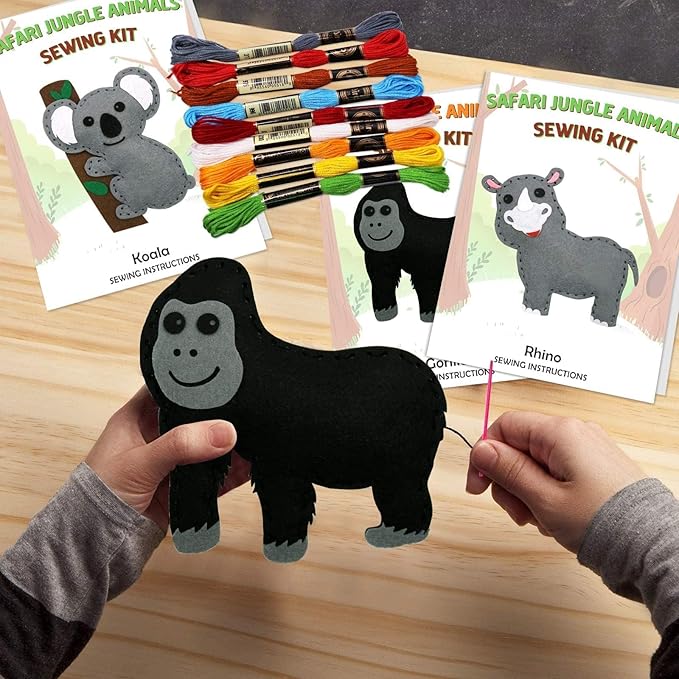 CiyvoLyeen Safari Jungle Animals Sewing Craft Kit DIY Kids Craft and Sew Set for 7 8 9 10 11 12Girls and Boys Educational Beginners Sewing Stuffed Animal Felt Plush Ornaments Set of 14