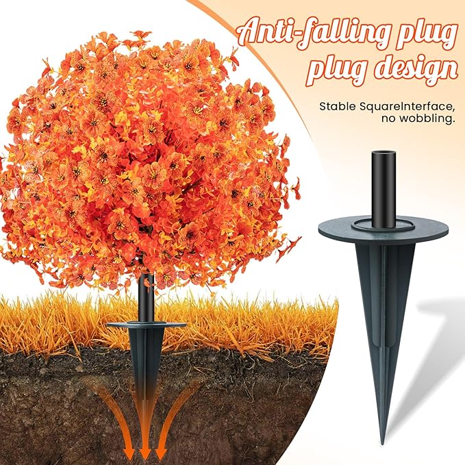 2 Pack 24" Artificial Fall Flowers Boxwood Topiary Ball Trees w/Ground Spike, UV Resistant Autumn Faux Orange Shrubs Bushes Boxwood Plant for Front Door Porch Patio Balcony Garden Yard Outdoor Decor