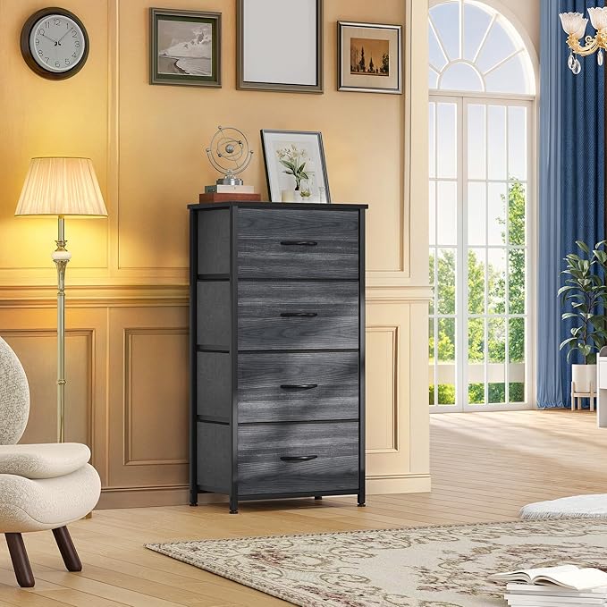 DWVO 4 Drawers Dresser, Dresser for Bedroom, Fabric Storage Tower, Chest of Drawers, Organizer Unit for Closets, Living Room, Sturdy Steel Frame, Wooden Top, Easy Pull Fabric Bins