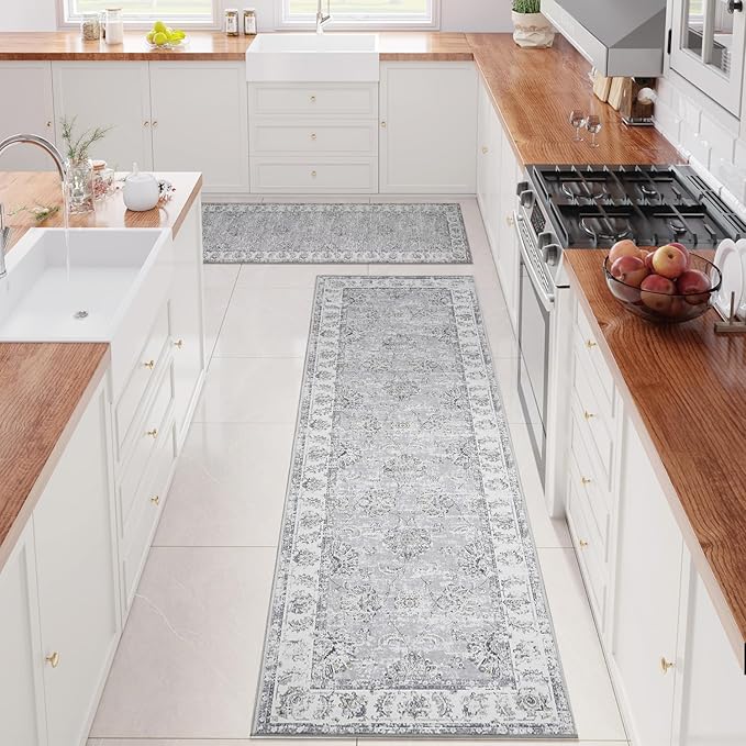 jinchan Runner Rug 3x8-2pcs Kitchen Washable Vintage Rug Hallway RugFloral Print Floor Cover Indoor Thin Retro Mat Accent for Bathroom Laundry Room Bedroom Office Farmhouse (Double,Grey)