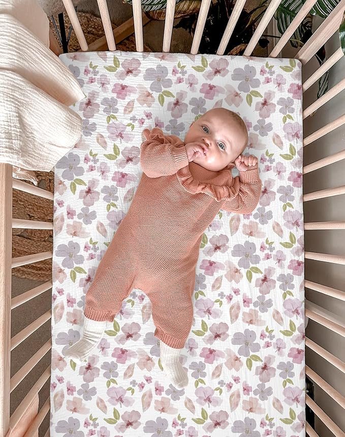 Bassinet Sheet for Baby Boy and Girl 2 Pack, Fitted Sheets for Rectangle, Oval, Hourglass Bassinet Mattress, Muslin Moses Basket Sheets with Neutral Style (Purple Petals & White)