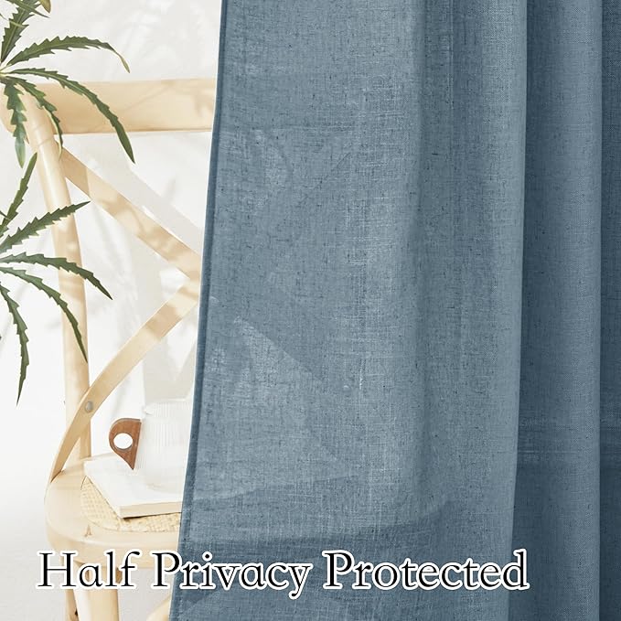 RYB HOME Blue Sheer Curtain Tiers 36 inch Length, Semi Sheer Half Privacy Kitchen Window Covering Lights Filtering for Cafe Bathroom Closet, Stone Blue, W52 x L36 inch, 2 Panels