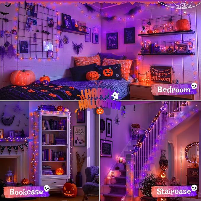 JMEXSUSS 2 Pack Orange and Purple Halloween Lights Battery Operated, Total 200 LED 66ft Halloween Fairy Lights with Remote, 8 Modes Twinkle String Lights for Fireplace Porch Tree Centerpiece Wreath