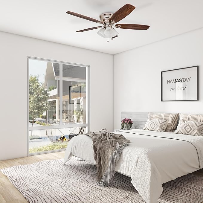 Honeywell Ceiling Fans Glen Alden, 52 Inch Classic Flush Mount Indoor LED Ceiling Fan with Light, Pull Chain, Quick-2-Hang Dual Finish Blades, Reversible Motor - 50182 (Brushed Nickel)