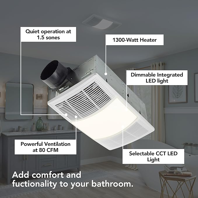 Broan-NuTone Bathroom Exhaust Fan with Heater Quiet 1.5 Sones, 80 CFM and 3-Level CCT Lighting, Powerful Ventilation and Warm Comfort for Any Bathroom