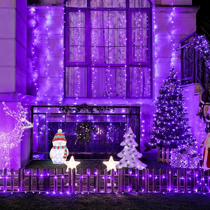 JMEXSUSS 300LED Purple Christmas Lights with Remote, Curtain Hanging Light Plug in, 8 Modes Purple String Lights for Bedroom Window Wall Party Backdrop Halloween Christmas Decorations