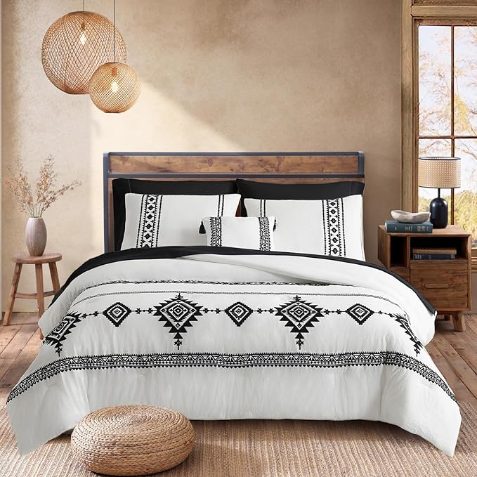 MaiRêve Embroidery Comforter Set Queen Size - 7 Piece, White Boho Western Bedding All Season Bed in A Bag, Farmhouse Queen Comforter Set with Sheets, Pillowcases & Shams