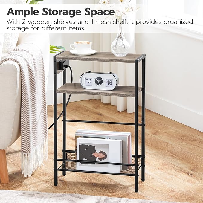 HOOBRO Small Narrow Side Table with Charging Station, Skinny End Table for Small Spaces, Slim Nightstand with USB Ports Outlet, Sofa Beside Table with Storage Shelf, Greige and Black BG102UBZ01