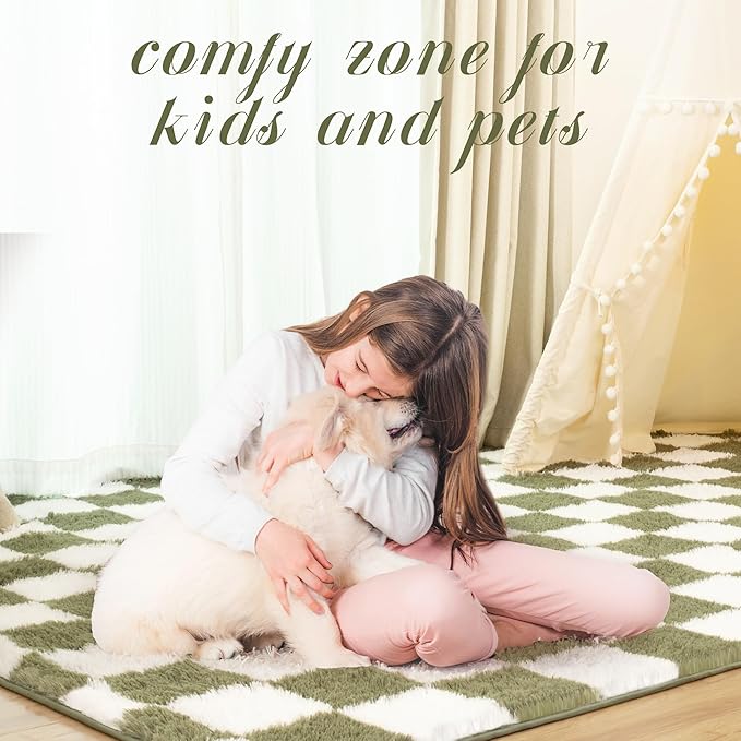 Super Soft Rug for Bedroom, 8x10 Ft Green and White Area Rug Classic Checkered Shaggy Anti-Skid High Pile Soft Fluffy Rug Fuzzy Carpet for Living Room Bedroom Kids Room Nursery, Dorm Home Decor