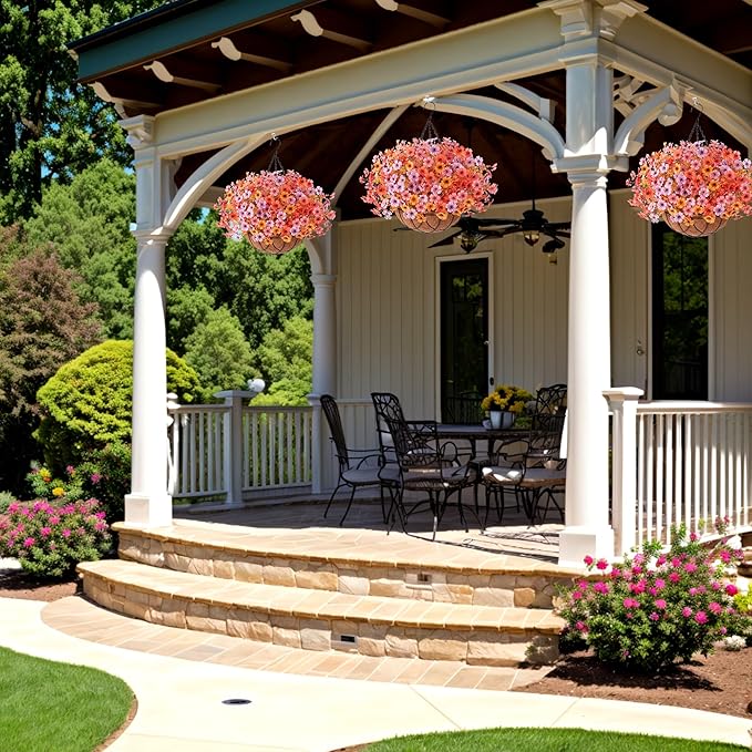 Artificial Fake Hanging Flowers Plants with Basket Outdoor, Faux Silk Colorful Daisy Metal Coconut Lining Plastic Shrubs, Farmhouse Home Garden Patio Yard Decor (Orange Yellow Purple Pink)