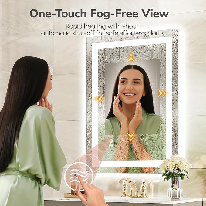 USHOWER LED Bathroom Mirror 28x36 Inch with Lights - Frameless Tempered Glass LED Backlit Lighted Mirror for Bathroom Vanity with Anti-Fog, 3 Colors Dimmable, Memory Function, Wall-Mounted