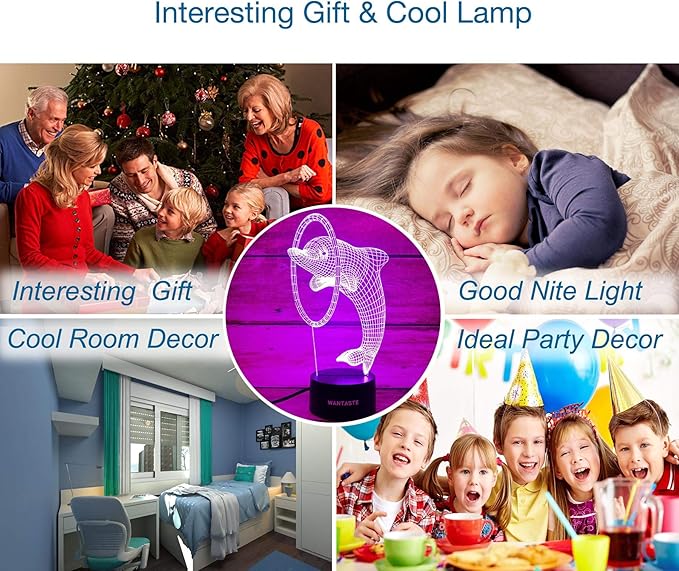 3D Dolphin Decor Lamp with Remote, 7 Color Changing Night Light Toys, Ocean Porpoise Birthday Gift for Kids, Girls, Boys