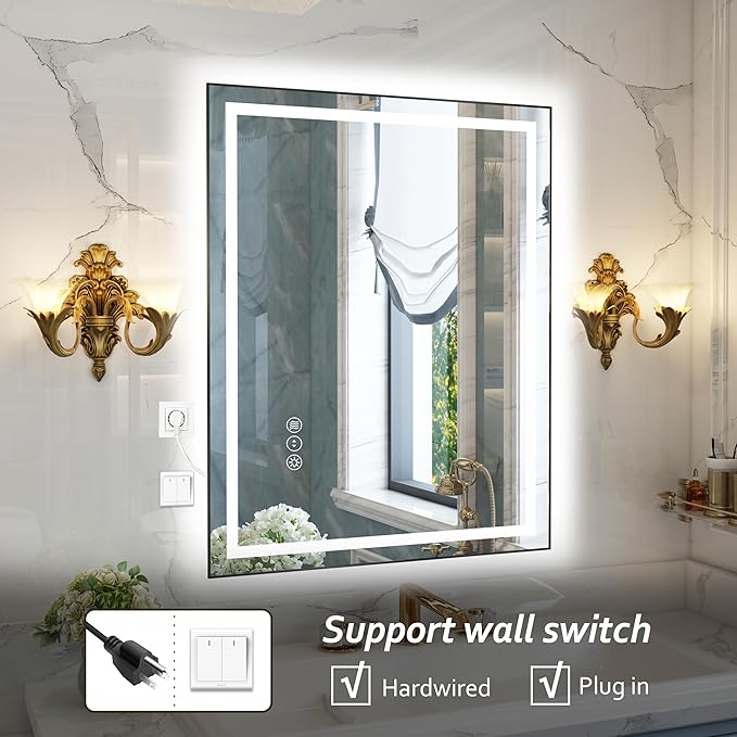 40"x 32" LED Bathroom Mirror with Black Frame, Bathroom Mirror with Lights Front and Backlit, Lighted Mirror Stepless Dimmable, Anti-Fog, Memory, LED Vanity Mirror with Lights 3 Colors