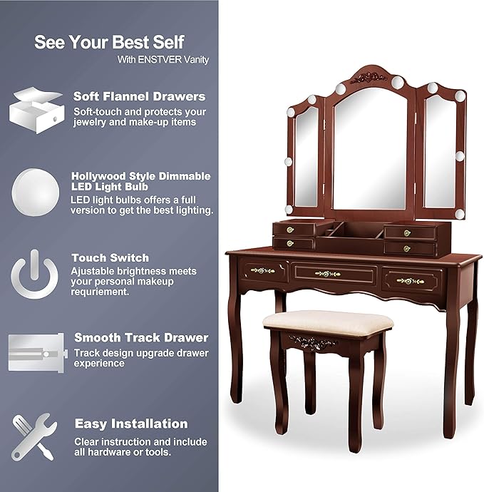 ENSTVER Vintage Vanity Desk with Mirror and Lights, Tri-Folding Mirrors, 6 Organization 7 Drawers Makeup Dress Vanity Table with Cushioned Stool-Espresso