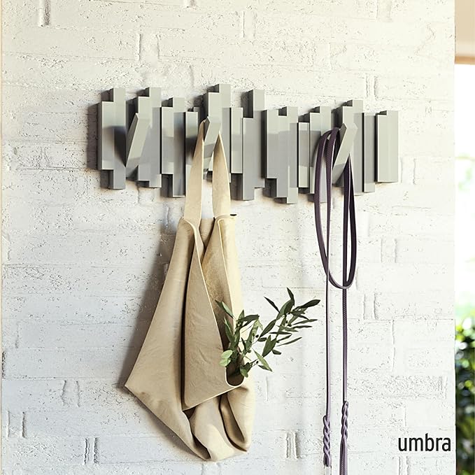 Umbra Sticks Wall-Mounted Coat Rack Rail Hook with 5 Retractable Pegs – Modern, Space-Saving Storage Organizer, Grey