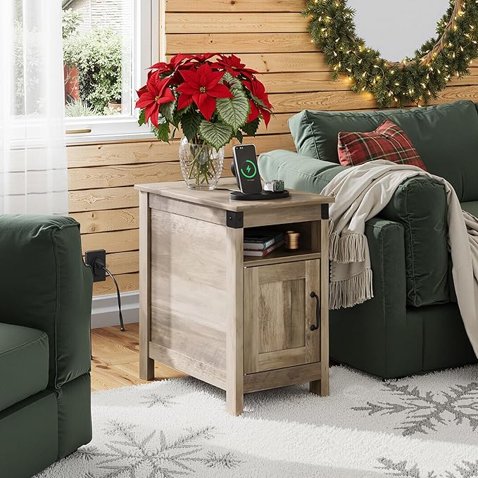WLIVE Farmhouse End Table with Charging Station, Narrow Side Table for Living Room, Bedroom, Small Nightstand with Storage, USB Ports and Outlets, Small Wooden Cabinet, Greige
