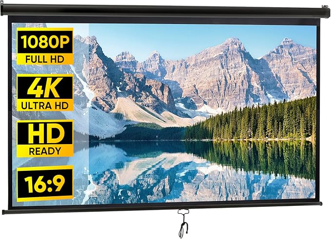 Smartxchoices 100" 16:9 HD Manual Projector Screen with Auto Lock Anti-Crease Home Theater Office Wall Mounted Ceiling Pull Down Projection 1.1 Gain Matte Black, View Size: 87 x 49 inches