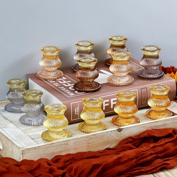 WDHODEC Orange Candlestick Candle Holders 12PCS Glass Taper Candle Holders for Table Centerpiece Colorful Gradient Candle Sticks for Wedding, Party and Festival Decoration