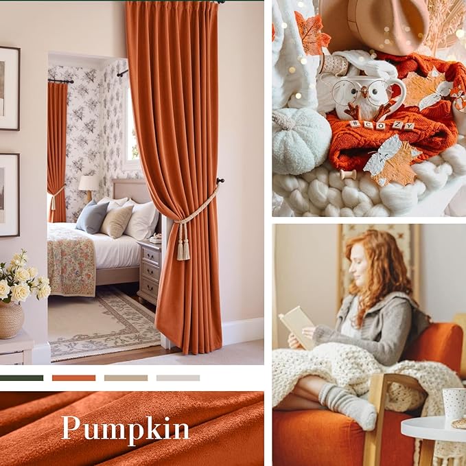Lazzzy Halloween Blackout Velvet Curtains Orange Fall Decor Thermal Insulated Curtains Living Room Curtains 2 Panel Sets 96 Inch Long Room Darkening Window Treatments Drapes Burnt Pumpkin