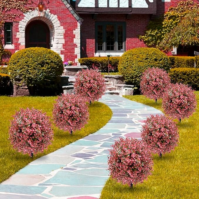 2 Pack 23” Artificial Topiary Bushes for Outdoors Fall Decorations with 7.8” Spike, Red Boxwood Ball Fake Shrubs UV Resistant Faux Plants for Indoor Outdoor Garden Entryway Front Porch Decor