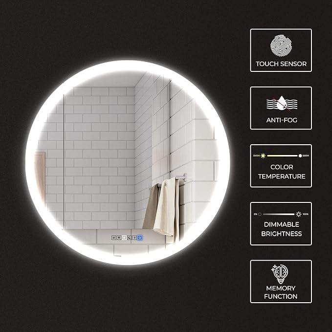 LED Round Vanity Mirror, Wall Mounted Lighted Vanity Makeup Mirror with Anti Fog Dimmable Touch Button Adjustable Color Temperature Memory Function 39 Inch by Fab Glass and Mirror
