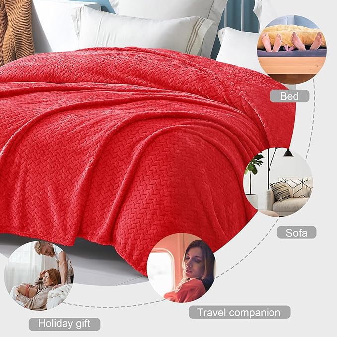 Exclusivo Mezcla Fleece Queen Size Blanket for Bed, 90x90 Inches Soft Cozy Jacquard Flannel Blankets, Lightweight Fuzzy Plush Warm for Winter, Red