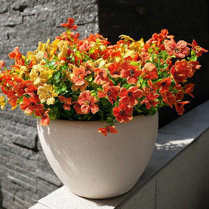 Artificial Flowers for Outdoor, UV Resistant Fake Silk Flowers, Realistic Faux Plants for Outside Indoor Porch Patio Window Box Planter Home Decor (16, Orange Yellow)
