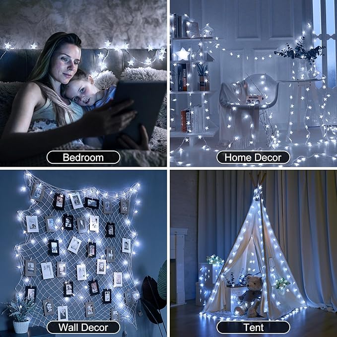 Star String Lights Plug in - 33 ft 100 LED Star Fairy String Lights with Remote and Timer, 8 Modes Waterproof for Bedroom Tent Loft Bed Window Backyard Patio Porch Balcony Staircase Party, White