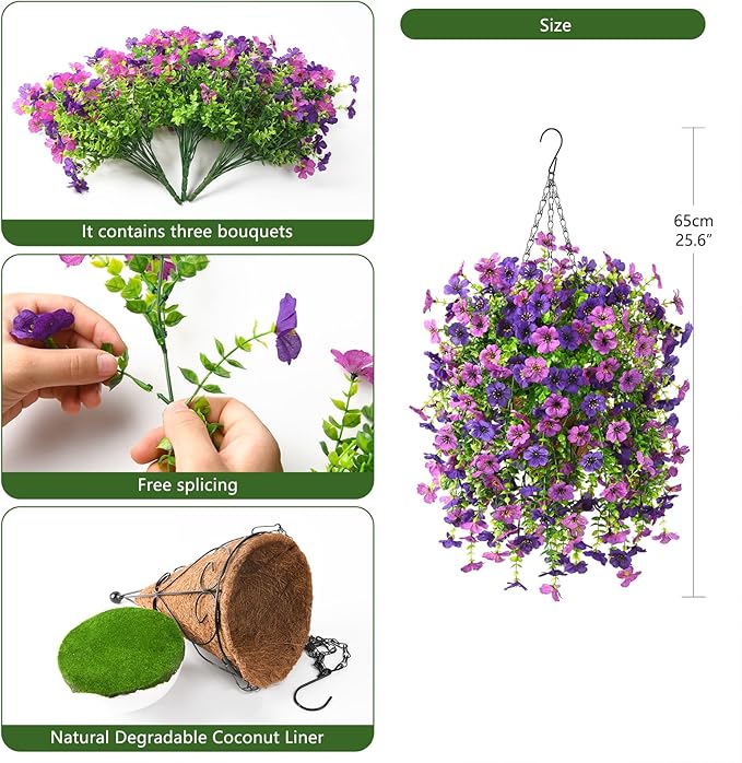 Artificial Fake Hanging Plants Flowers Baskets for Outdoor Outside Spring Decor,Faux Silk Daisy UV Resistant Look Real Summer Decorations for Home Porch Patio Yard Garden(Mix Purple