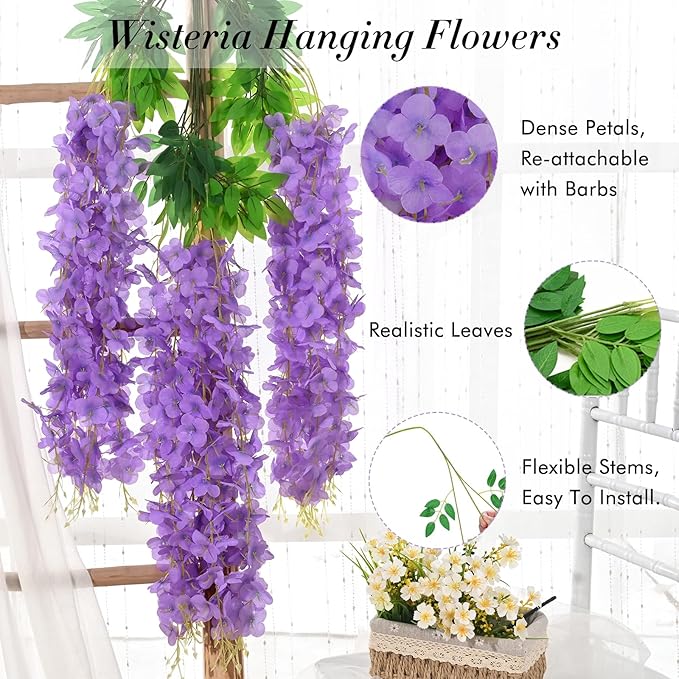 Waipfaru 40 Pack Purple Wisteria Hanging Flowers, Fake Hanging Flowers for Decoration, Artificial Flowers,Vines for Bedroom,Flower Garland for Home,Party,Garden, Wall,Wedding Decoration(3.6 Ft/Pcs)