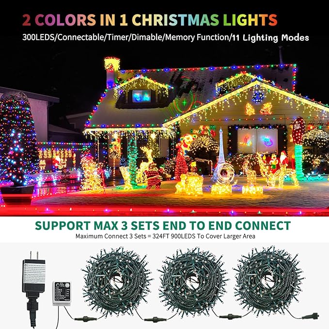 Color Changing Christmas String Lights Outdoor Indoor, 108FT 300 LED Warm White Multi Color Fairy Light, END to END CONNECTABLE, Waterproof Christmas Tree Lights with Timer Remote