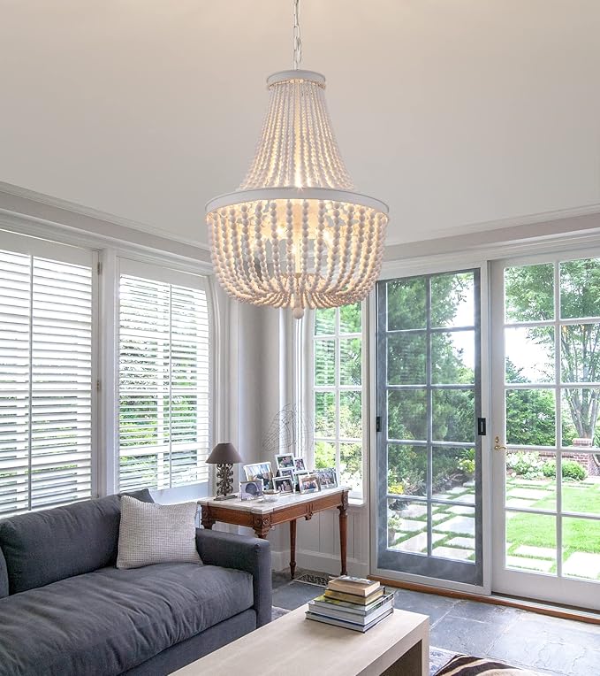 Q&S Beaded Chandelier Farmhouse White Wood Beaded Boho Light Fixture Vintage Antique 8 Lights for Dining Room Nursery Kitchen Foyer Bedroom Living Room UL Listed