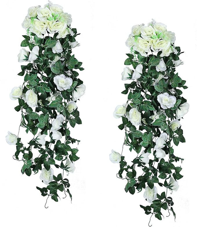 RECUTMS Artificial Plants Hanging 2Pieces 3.3Ft Rose Plant Flowers Vines Wedding Home Office Arch Arrangement Decoration (White)