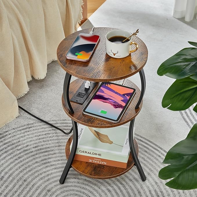 Small Round Side Table with Charging Station, 3-Tier Waist Circular End Table with Storage Shelf, Compact Tea Sofa Side Table Small Spaces, Round Corner Coffee Table for Living Room Bedroon,Brown