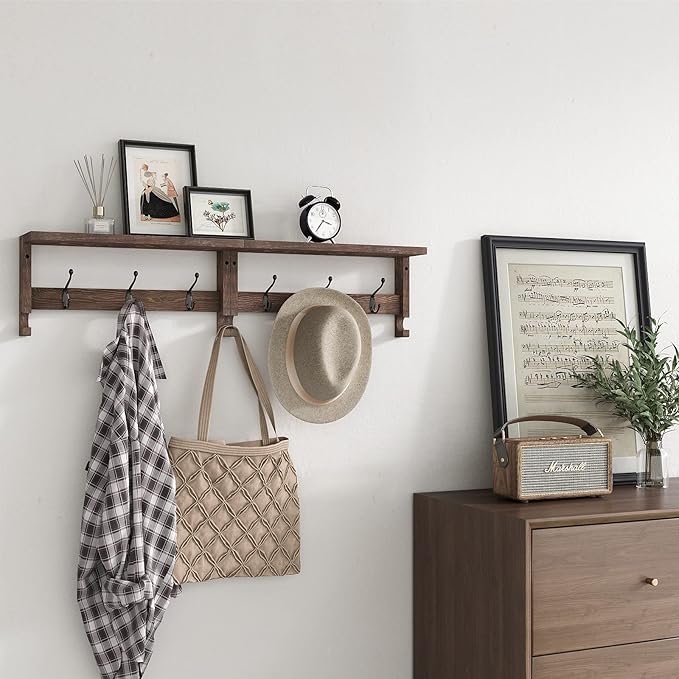 Coat Hooks, Wood Rack Wall-Mounted, 31.5 Inch Entryway Shelf with 10 Hooks (Brown)