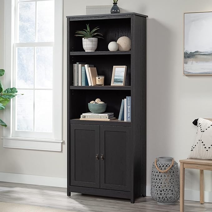 Sauder Cottage Road Book Shelf, Bookshelf with Storage, Library Bookcase with Doors and Adjustable Shelves, in Raven Oak Finish